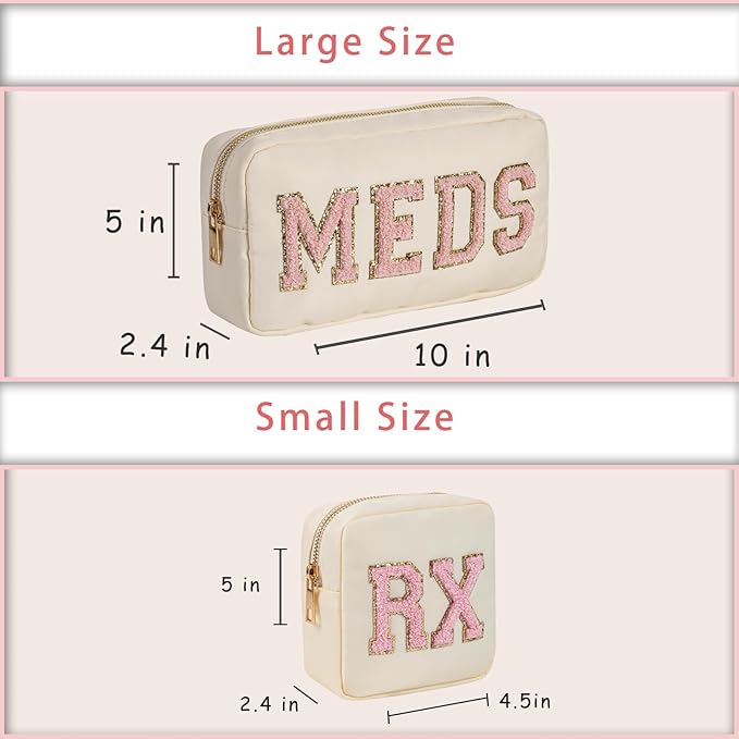 2Pcs Chenille Letter Patch Nylon Medicine Makeup Bag Set,Cute MEDS Travel Makeup Bag with Metal Zipper, First Aid Purse Organizer Cosmetic Bag for Women and Girls(Beige MEDS-RX)