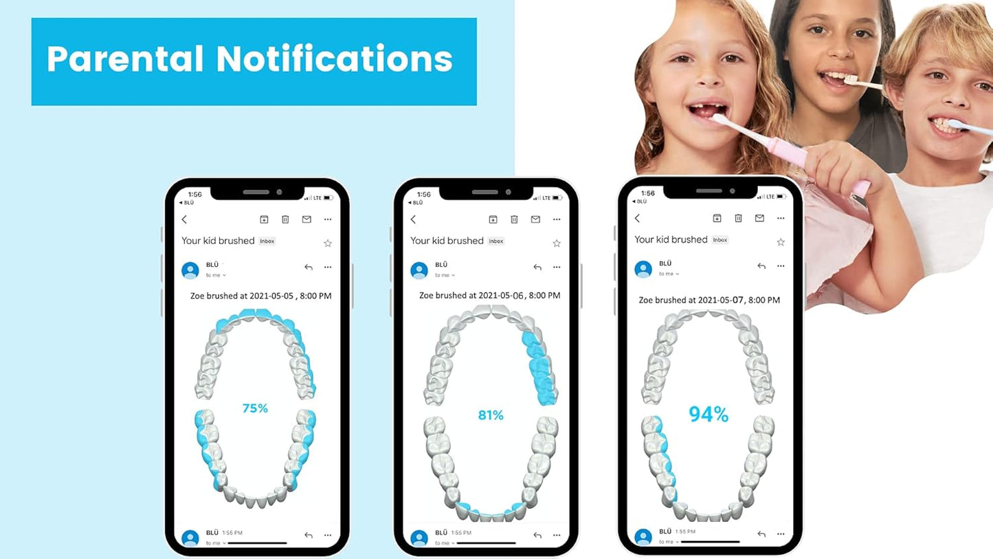 Blu Smart Bluetooth Enabled Kids Toothbrush with Live Tracking App to Teach Children Healthy Brushing Habits, Share Results with Your Dentist (Blue). Wireless Rechargeable Electric.