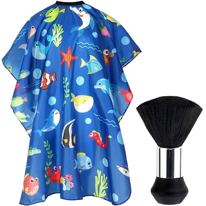 FEBSNOW Ocean Animal Kids Hair Cutting Cape, Professional Barber Cape and Neck Duster Brush Cartoon Hairdresser Apron with Adjustable Closure for Children Salon Barber Supplies for Kids & Adults