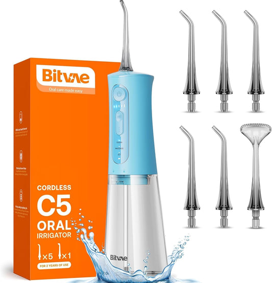 Bitvae Water Dental Flosser Teeth Picks, Cordless Portable Oral Irrigator, Powerful and Rechargeable Oral Irrigator, Brace Care, IPX7 Waterproof Water Dental Picks for Cleaning, Sky Blue