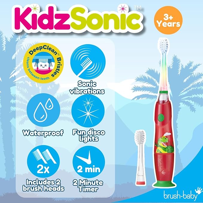 brush-baby - KidzSonic Dinosaur Kids Electric Toothbrush for Ages 3+ with Disco LED Lights, Gentle Sonic Vibrations, 2-Minute Smart Timer & 30‑Second Pulse Reminders – AAA Battery Included