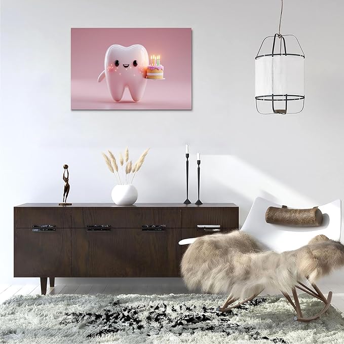 SchindlerBang Teeth Medical Canvas Prints,Cartoon Tooth Celebrating with Cake,Fun Dental Clinic Decor,Office Art,or Kids' Room,Vibrant Style,16x20inch Ready to Hang