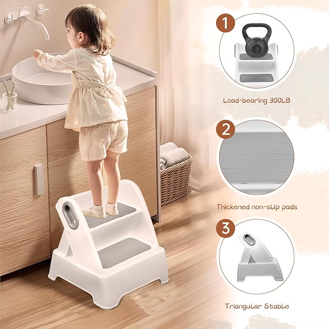 Foldable Two Step Stool for Toddlers,Kids stools for Bathroom,Non-Slip with Handles Kids Step Stool for Bathroom Sink,Toilet Bedroom,Potty Training,Kitchen (Gray)