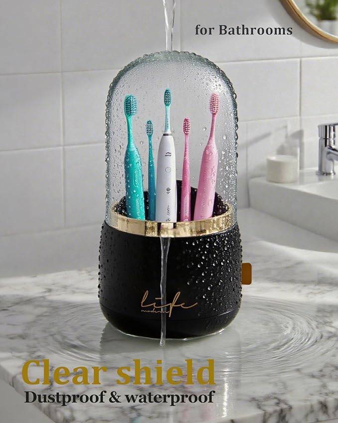 bubooo 360° Rotating Toothbrush Holder for Bathroom - Non-Slip Space-Saving 7-Slot with Cover & Drainage, Electric Toothbrushes/Toothpaste/Razor Organizer for Counter Vanity (black)