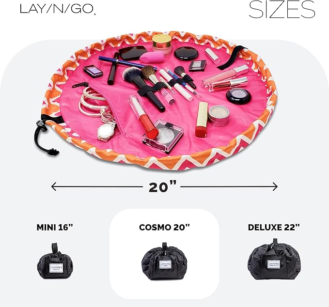 Lay-n-Go Cosmo Layflat Drawstring Cosmetic & Makeup Bag Organizer w/Zipper Pocket, Brush Loops & More, Cinch to Close, Lay Flat to Use, Durable, Machine Wash, Travel Toiletry Bag (20", Zig-Zag)