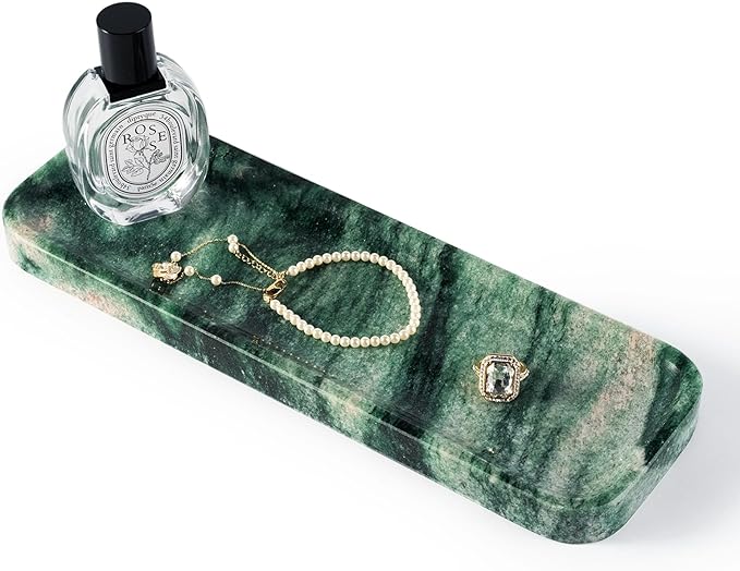 Koville Marble Tray for Bathroom Sink, 12"x4" Natural Stone Vanity Tray for Kitchen Dresser Countertop, Rectangular Decorative Marble Tray for Jewelry Perfume Trinket(Green)