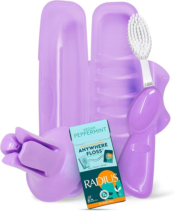RADIUS Vacation Pastel Bundle, Includes Left Handed Big Brush with Replaceable Head, Toothbrush Travel Case, DOC Toothbrush Holder, Anywhere Travel Floss Packette, Lavender Purple, 4 Piece Bundle