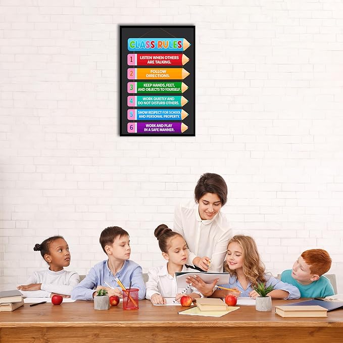 Colorful Classroom Rules Poster,Educational Motivational Wall Art for Elementary, Preschool, Kindergarten, Middle School,Back to School Teacher Supplies and Classroom Decor 12x16 in Aluminum Framed