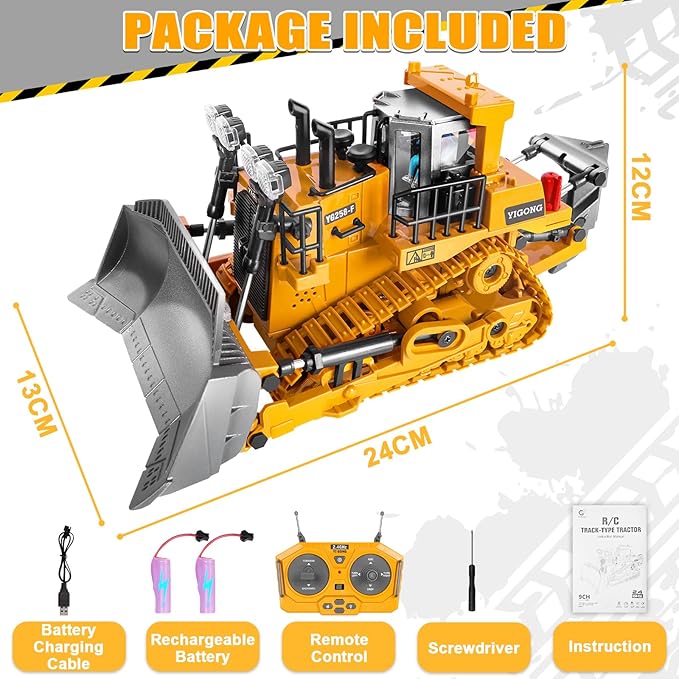 Remote Controlled Bulldozer, 9-Channel Metal RC Construction Vehicle Toy with Lights, Sound, and Rechargeable Battery, Remote Controlled Bulldozer Toy Gift for Kids Boys Girls Aged 4-12 (2.4 GHz)