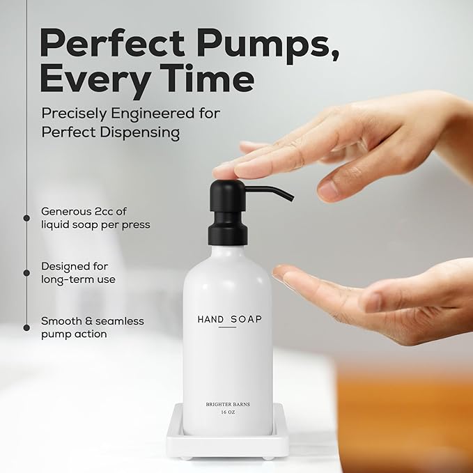 White Glass Soap and Lotion Dispenser Set with Tray by Brighter Barns - Hand Soap Dispenser Bathroom Set & Stainless Steel Pump for Home, Vacation Rental - Modern Bathroom Accessories & Decor (White)