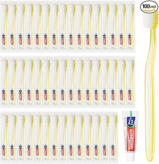 Disposable Toothbrush with Toothpaste Set Bulk, Individually Wrapped Soft Bristles Travel Size Medium Manual Toothbrushes Kit for Hotel/Travel/ Business/Donation/Homeless/Charity/Camping (100 Pack)