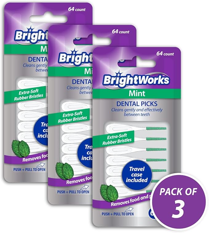 BrightWorks Mint Dental Picks, with Extra Soft Rubber Bristles and Flexible Tip, Clean Gently and Effectively Between Teeth, Travel Case Included, 3 Packs (64 Per Pack) [192 Total Picks]