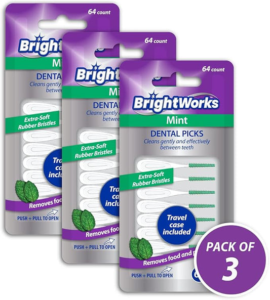 BrightWorks Mint Dental Picks, with Extra Soft Rubber Bristles and Flexible Tip, Clean Gently and Effectively Between Teeth, Travel Case Included, 3 Packs (64 Per Pack) [192 Total Picks]
