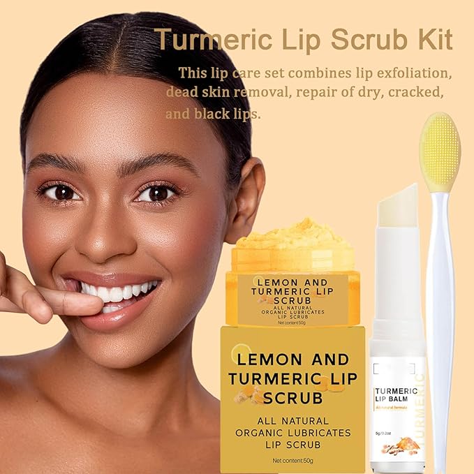 Turmeric Lemon Lip Scrub and Turmeric Lip Balm for Dark Lips to Lighten with Brush Set, 3PCS Lips Scrubber Exfoliator & Blam, Natural Exfoliator & Moisturizer for Dry, Chapped, Reduce Fine Lines