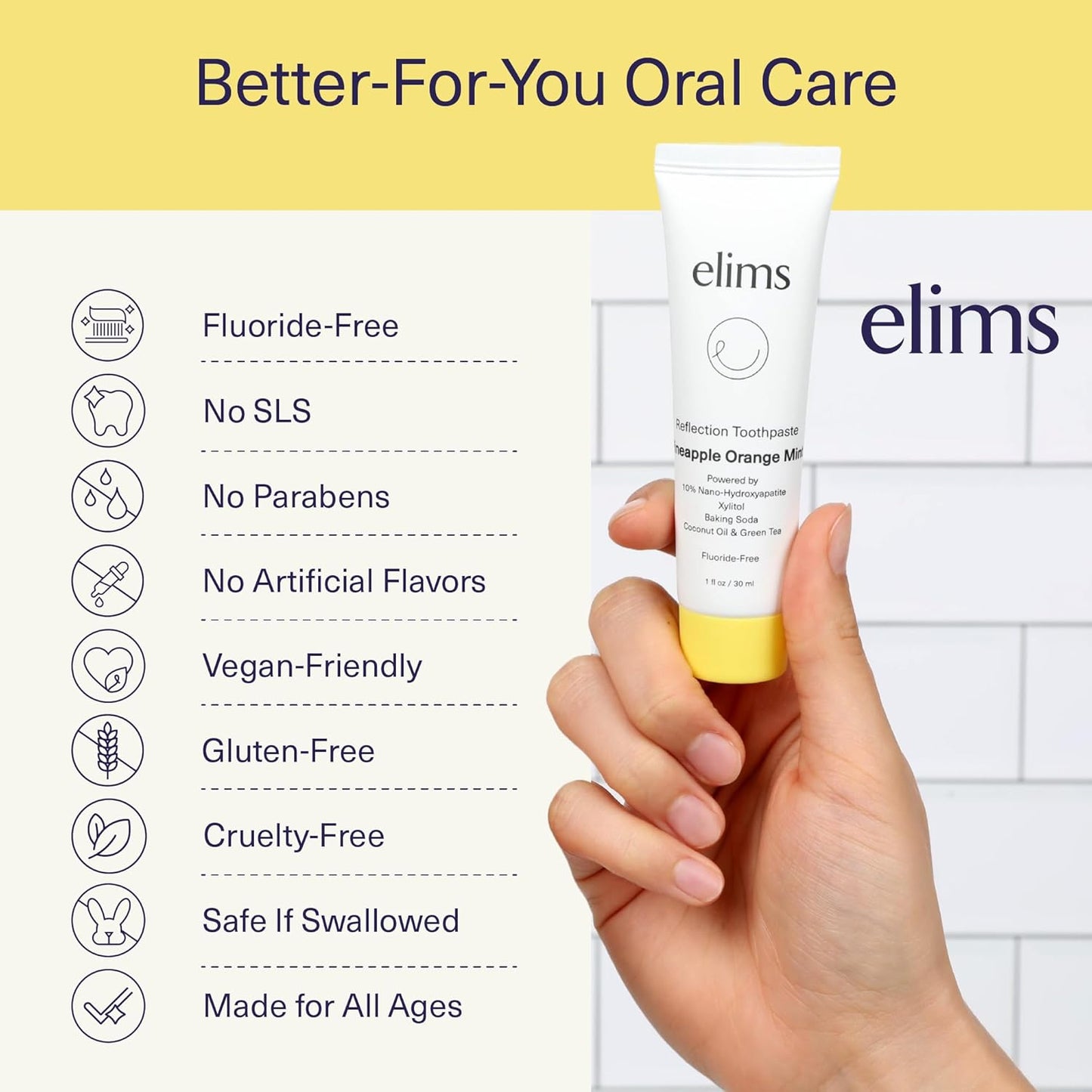 ELIMS Travel Size Nano Hydroxyapatite Toothpaste Fluoride Free - Xylitol Remineralizing Toothpaste for Whitening Sensitive Teeth - Orange Pineapple Mint Toothpaste for Adults & Kids 1oz