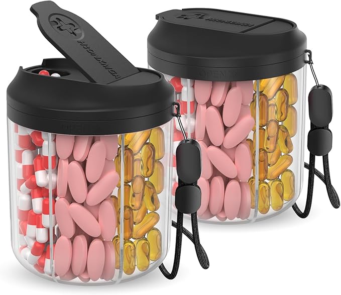 Pill Dispenser with 7 Large Compartments, 4.4" H x 3.6" Dia Pill Bottle Organizer for Travel,Supplement Organizer with Anti-Mixing Design,BPA-Free Pill Container with 20 Pcs Labels Black 2pcs