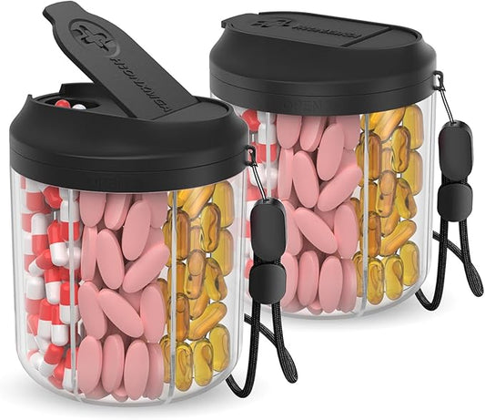 Pill Dispenser with 7 Large Compartments, 4.4" H x 3.6" Dia Pill Bottle Organizer for Travel,Supplement Organizer with Anti-Mixing Design,BPA-Free Pill Container with 20 Pcs Labels Black 2pcs