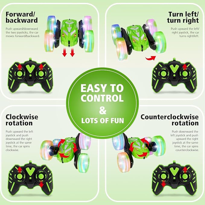 Remote Control Car for Boy 6-12 with Flashing Light, 6 7 8 9 Years Old Boy Toys, Race RC Cars Stunt Drift 4WD 2.4Ghz Double Sided 360° Flip, Boys Gift Idea for Kids Birthday Christmas, Green