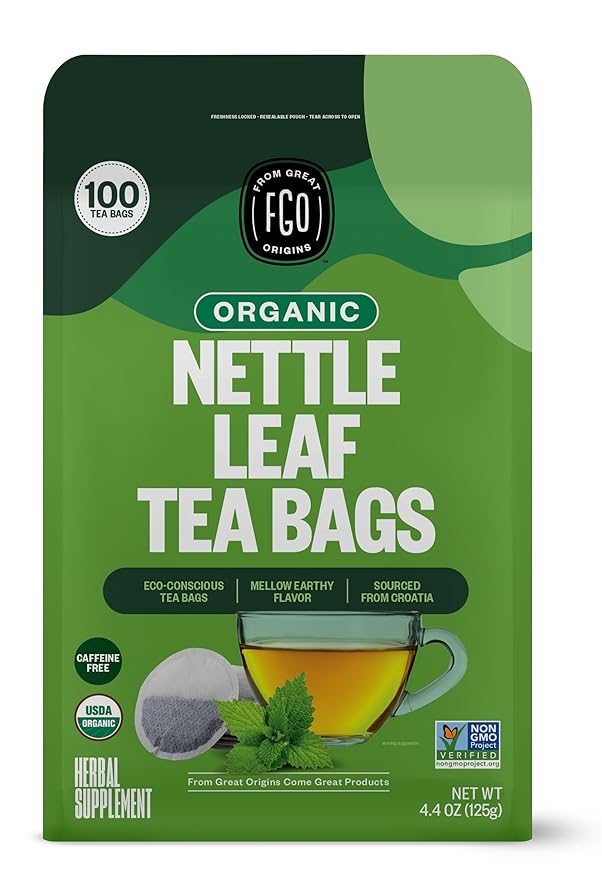 FGO Organic Nettle Leaf Tea, 100 Count, Eco-Conscious Tea Bags, Caffeine Free, Resealable Bag, Packaging May Vary (Pack of 1)