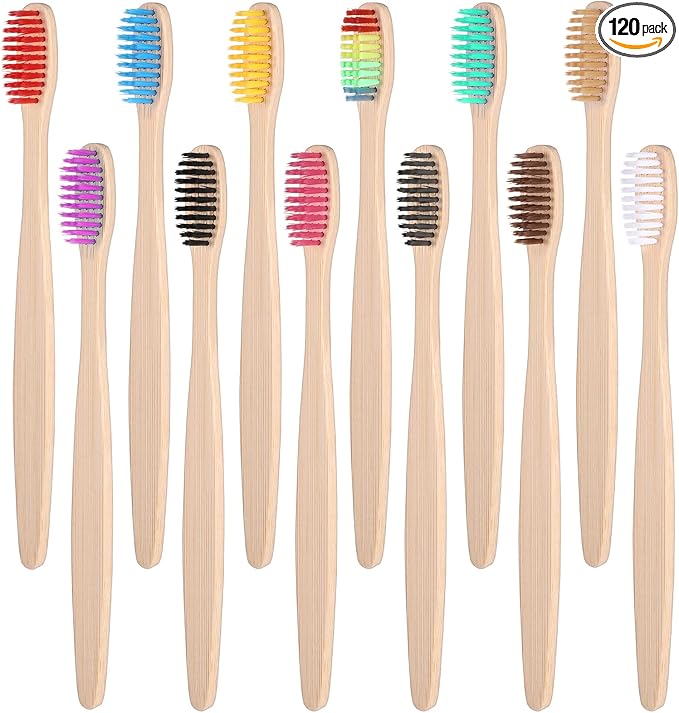 120 Pcs Bamboo Toothbrushes, Natural Soft Bristle Toothbrush Individually Wrapped Travel Tooth Brush 12 Color Vegan Organic Toothbrushes for Adults Travel