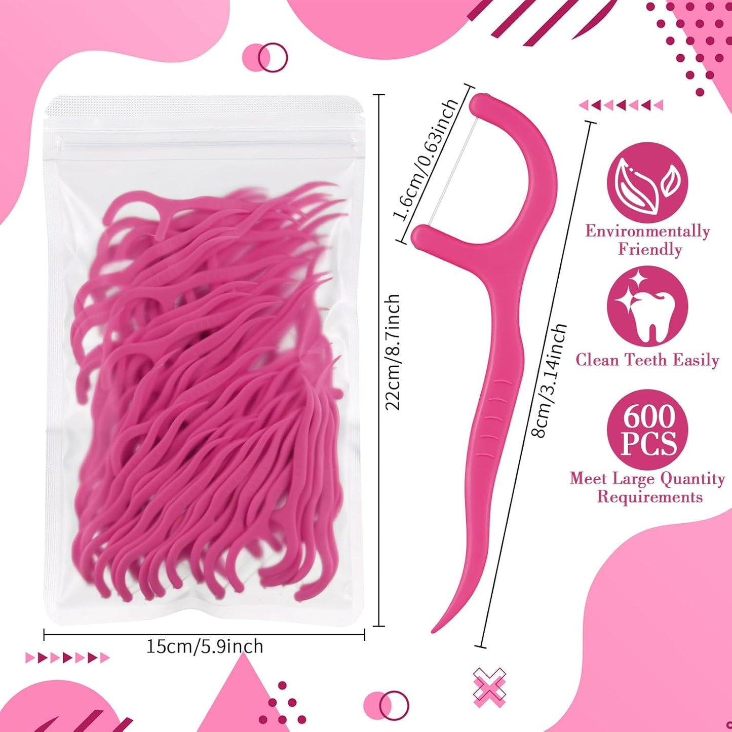 Baderke 600 Count Floss Picks Bulk Dental Flossers Picks for Adults Non Breakable Tooth Picks Flossers Teeth Cleaning Dental for Family Pack Travel(Hot Pink)