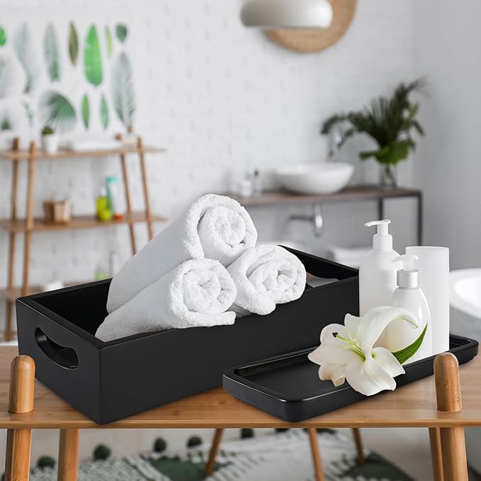 Toilet Tank Tray for Modern Black Bathroom Decor Set of 2 Acacia Toilet Tank Topper Paper Storage Decorative Organizer Box Wood Vanity Tray for Counter Decor Dresser Tops (Black)