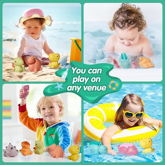 Mold Free Bath Toys, 9 Pack | Sealed, No Hole Bath Toys | Soft, Squeezable & Float on Water | Non-Toxic Easy-Grip Baby & Toddler Bath Toy Set | Baby Gift for Christmas Stocking Stuffers (Dinosaur)