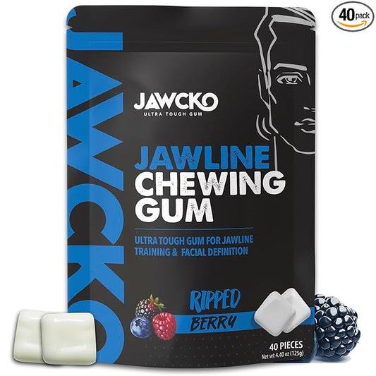 JAWCKO Ultra-Tough Jawline Chewing Gum | Get a Stronger, Squarer Jawline | Ripped Berry Jaw Training Hard Gum | 15X Strength | Chisel, Sculpt, Tone your Jaw | Facial Fitness Mewing Gum | 40 Pieces/Pack