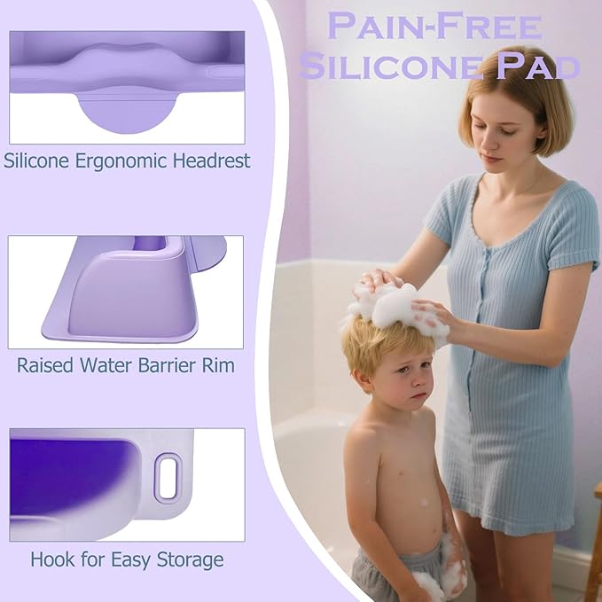 Hair Washing Station for Kids, Silicone Portable Shampoo Bowl and Elderly with Rinse Cup & Scalp Massager, Hair Washing Basin for Sink or Bathtub at Home with Neck Support Purple