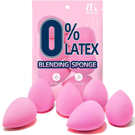 BEAKEY Super Soft Makeup Sponge Set of 6, Makeup Sponges for Foundation, Liquid, Cream and Powder, Pink Beauty Sponge for Blending, 0 Latex Blender