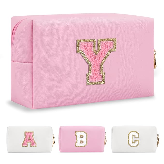 Personalized Initial A-Z Preppy Patch Makeup Bag,Small PU Leather Chenille Letter Cosmetic Bag with Zipper for Teen Girls,Pink Cute Travel Toiletry Bag,Birthday Monogrammed Gift for Daughter,Letter Y