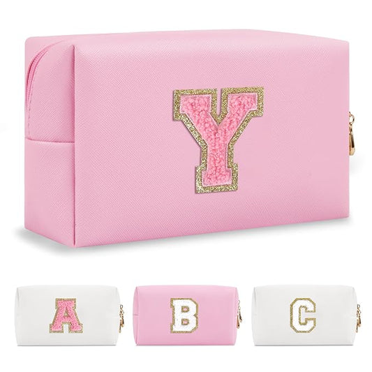 Personalized Initial A-Z Preppy Patch Makeup Bag,Small PU Leather Chenille Letter Cosmetic Bag with Zipper for Teen Girls,Pink Cute Travel Toiletry Bag,Birthday Monogrammed Gift for Daughter,Letter Y