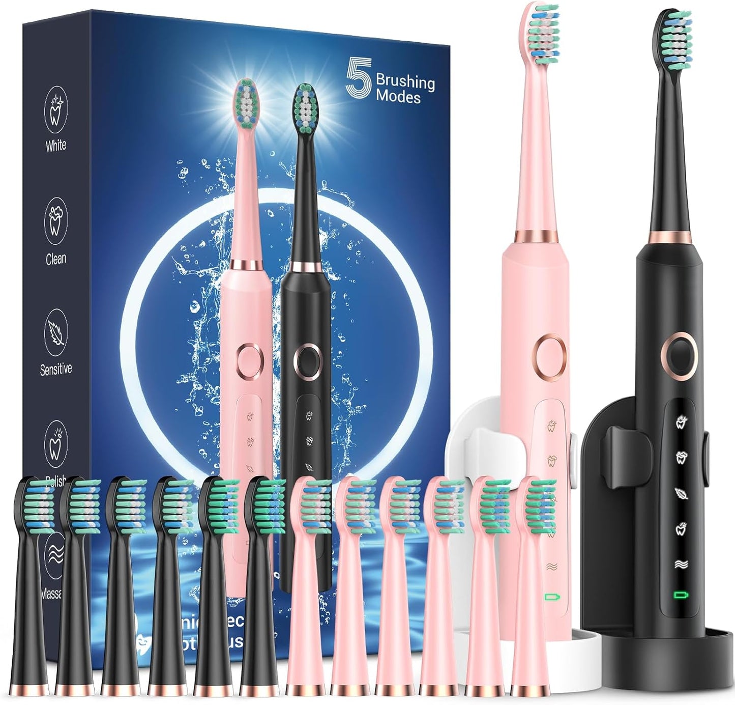 Rtauys 2 Pack Electric Toothbrush for Adults - 2 Rechargeable Electric Toothbrushes with 12 Brush Heads & 2 Travel Case, Power Electric Toothbrush with Holder, 3 Hrs Charge for 120 Days - Black+Pink