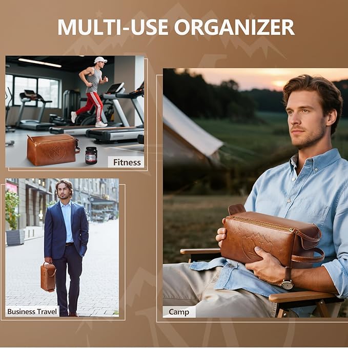 Personalized Toiletry Bag for Men,Initial Mens Toiletry Bags for Traveling,Men Travel Toiletries Bag,PU Leather Shaving Bag for Toiletries Accessories kit,Brown N