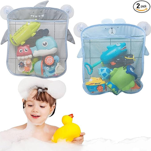 2 Pack Mesh Bath Toy Organizer, Cute Shark & Bear Bath Toy Storage Net Bathtub Toy Organizer, Perfect Bathroom Hanging Storage Bag Quick Dry Bath Toy Holder Bag with 8 Strong Hooks (Set A)