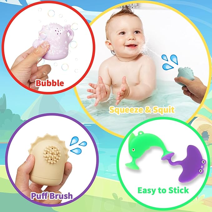 Baby Bath Toys, 13 Pcs Silicone Mold Free Bath Toys with a Storage Bag, Squeezable Dinosaurs Bathtub Toys, No Hole Sensory Ocean Animal Suction Cup Toys for Toddlers 1 2 3 4 5 6 Years