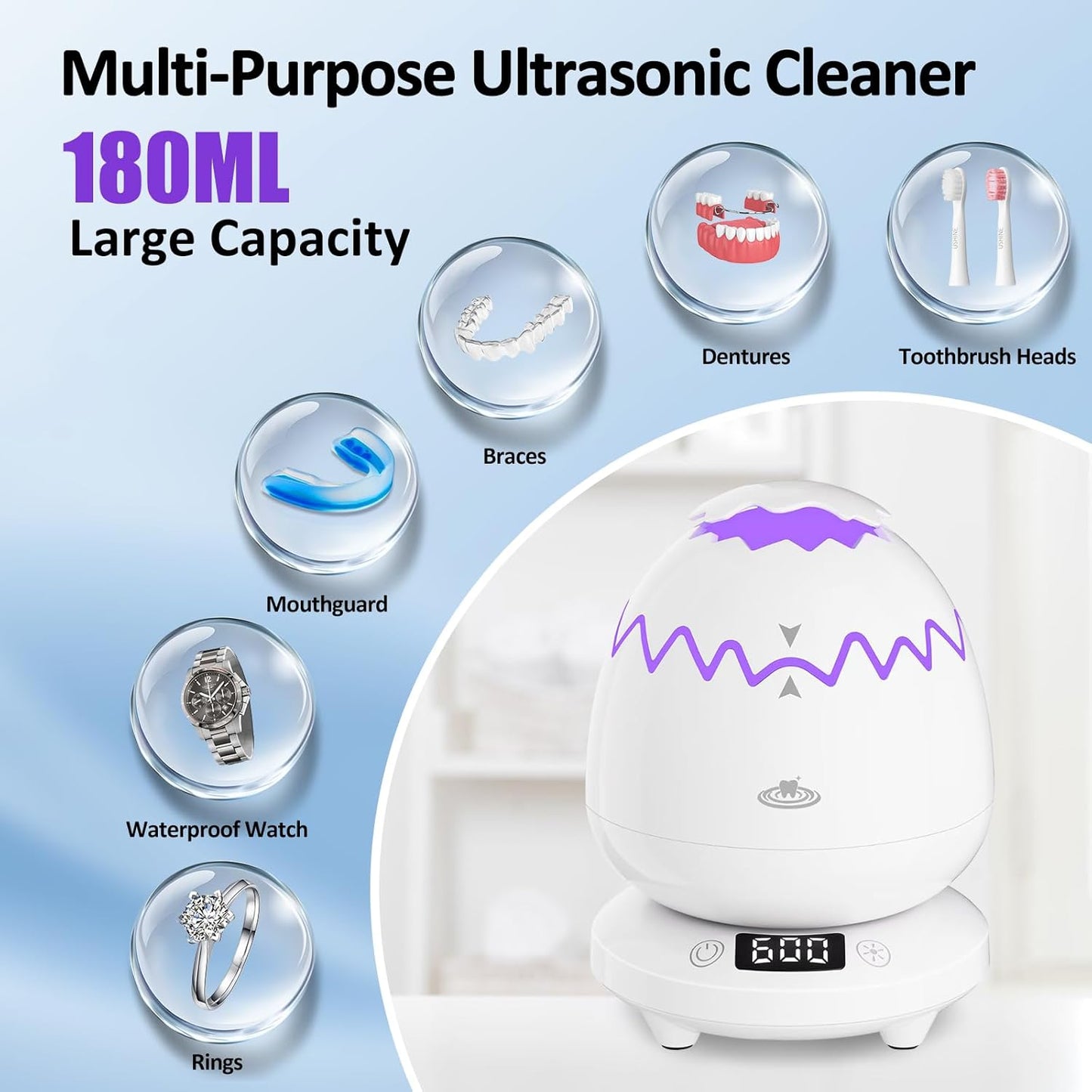Ultrasonic Retainer Cleaner Machine for Denture, Dental Cleaning Pod with Digital Timer, 45kHz/180ML Waterproof Ultrasonic Denture Cleaners for Aligner, Mouth Guard, Braces, Ring Jewelry Cleaner