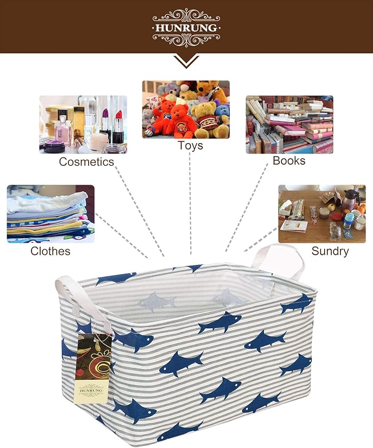HUNRUNG Rectangle Storage Basket Cute Canvas Organizer Bin for Pet/Children Toys, Books, Clothes Perfect for Rooms/Playroom(Shark)