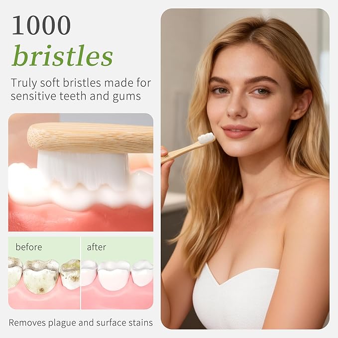 Bamboo Toothbrush BPA-Free Bristles Biodegradable Handle Ergonomic Design 12 Pack Natural Wooden Oral Care Set for Adults