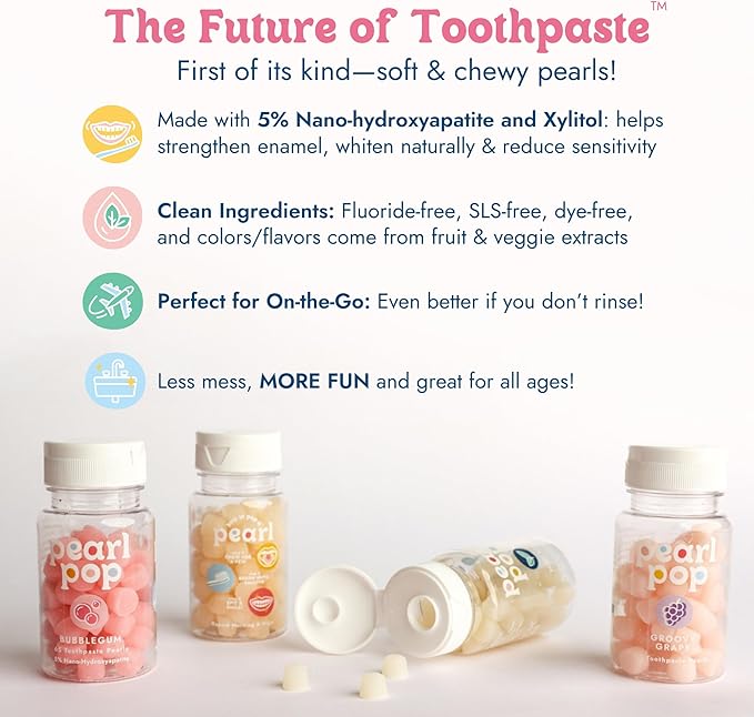 Toothpaste Pearls, Chewy Fluoride Free Toothpaste for Kids & Adults, Stocking Stuffer, Mess-Free Travel Tooth Paste Alternative Made with Nano-Hydroxyapatite & Xylitol, Bubble Gum, 65ct
