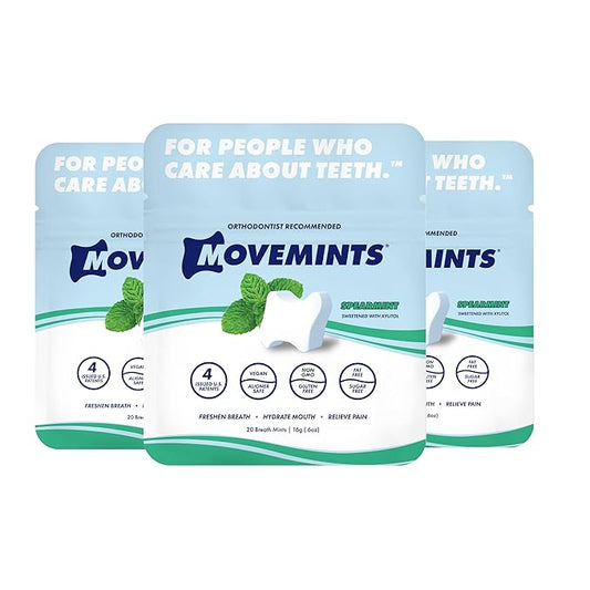 Movemints Clear Aligner Mints - Patented, Edible Alternative to Chewies - Freshen Breath and Improve Dry Mouth with Xylitol - Spearmint (3 Pack)