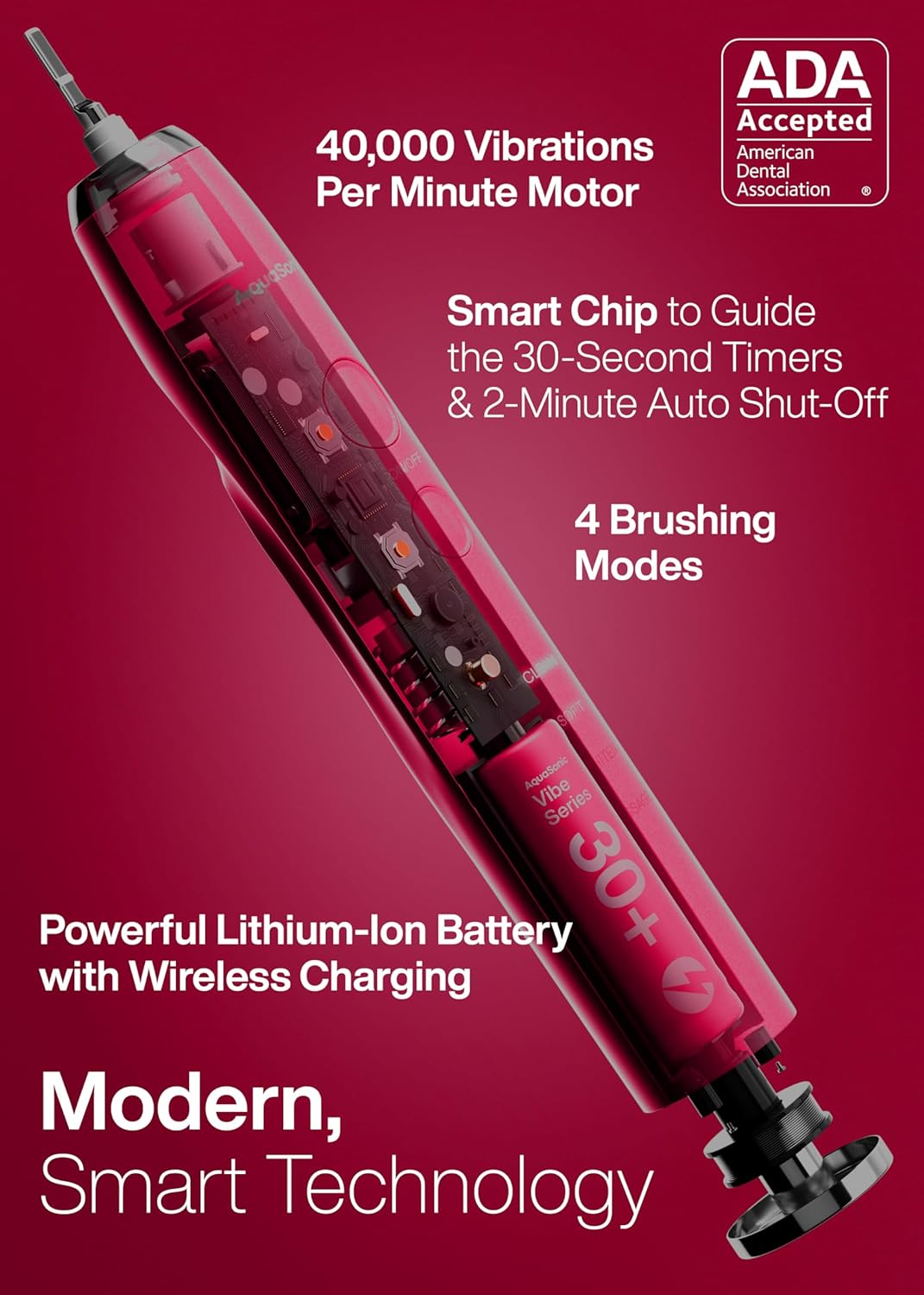 Aquasonic Vibe Series Ultra-Whitening Toothbrush – ADA Accepted Electric Toothbrush - 8 Brush Heads & Travel Case – 40,000 VPM Motor & Wireless Charging - 4 Modes w Smart Timer – Ruby