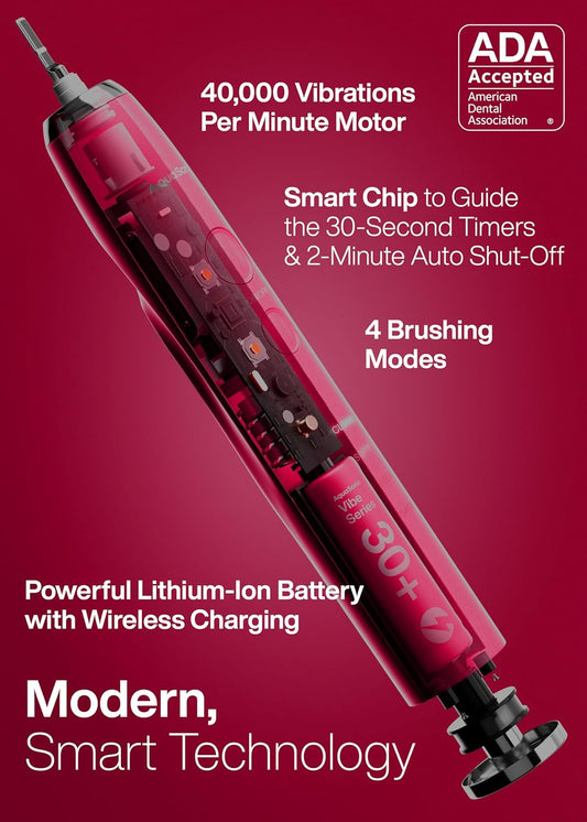 Aquasonic Vibe Series Ultra-Whitening Toothbrush – ADA Accepted Electric Toothbrush - 8 Brush Heads & Travel Case – 40,000 VPM Motor & Wireless Charging - 4 Modes w Smart Timer – Ruby