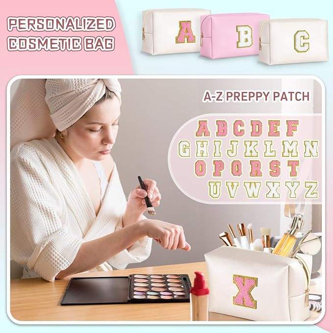 TOPEAST Preppy Makeup Bag, Small Cosmetic Travel Bags for Women, PU Leather Waterproof Toiletry Bag with Zipper, Personalized Birthday Gift for Women Girl, Preppy Gifts for Girl (Pearly White Z)