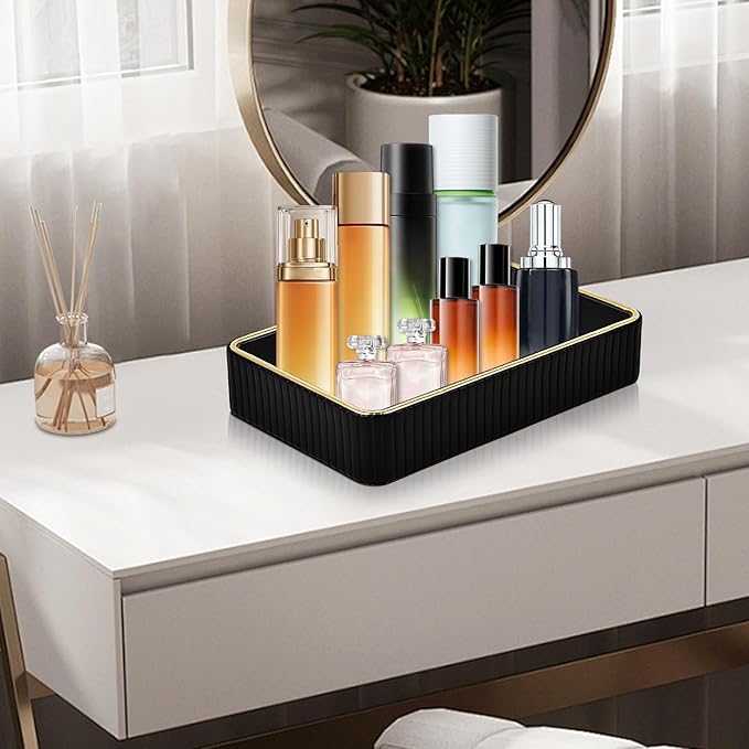 PU Leather Valet Tray,Desk Organizer Tray Nightstand Organizer Trinket Dish Storage Key Bowl Decorative Trays for Phone Wallet Jewelry Watch,Bathroom Bedroom Perfume Vanity Trays,Black