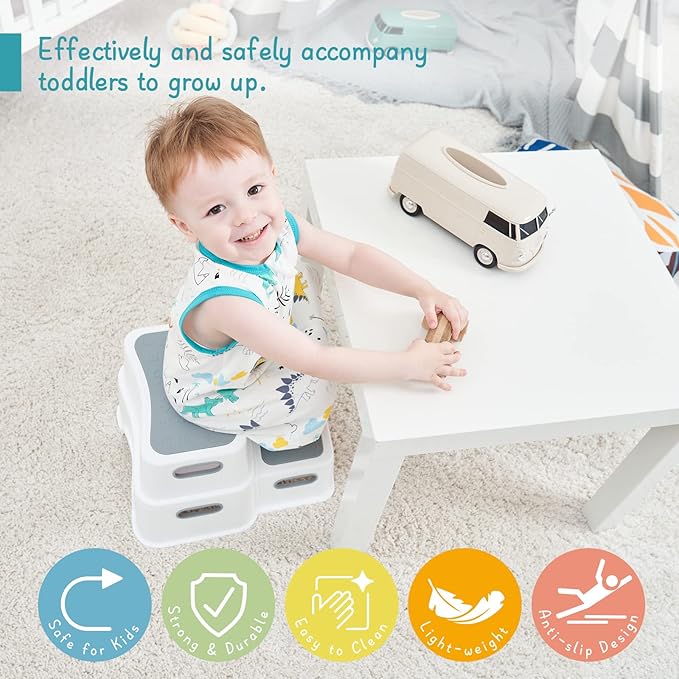 Forbena Toddler Step Stool for Bathroom Sink, 2 Step Stool for Kids Toilet Potty Training, Non-Slip Toddlers Baby Child Kid Plastic Poop Stools with Handle for Kitchen Counter Bed (White-Grey)