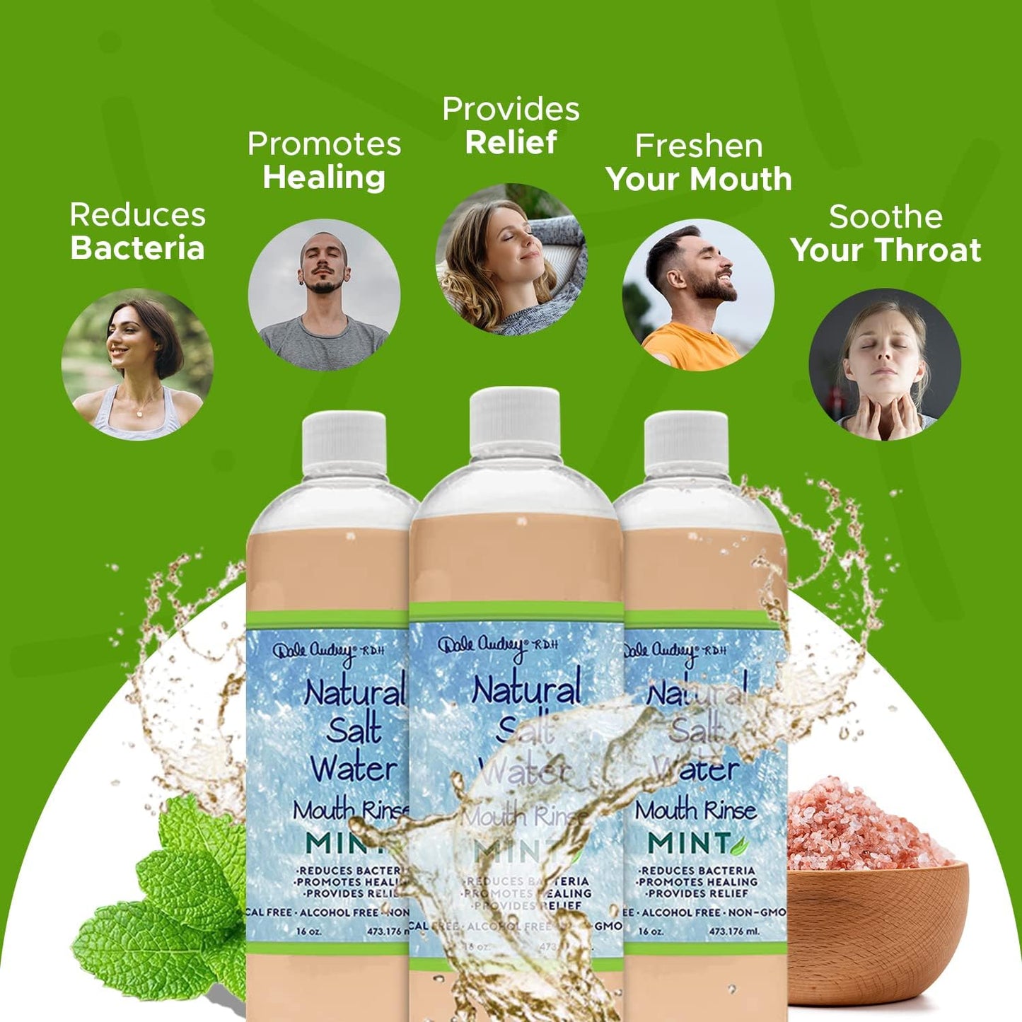 3 Pack Natural Saltwater Mouth Rinse | Himalayan Pink Salt Water Oral Rinse | Organic Refreshing Mint Flavor Fluoride & Alcohol Free Mouthwash for Fresh Breath | Natural Gum Care Mouthwash-16 FL Oz