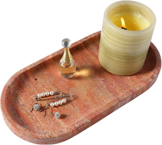 Koville Turkish Red Travertine Tray, 10" x 5" Vanity Decorative Marble Tray for Bathroom, Home Décor Trays for Countertop Organizer, Catchall Trays for Perfume, Candles, Jewelry