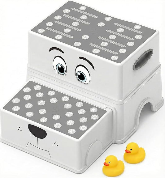 UNCLE WU 2 Step Stool for Kids & Toddlers - Anti-Slip Potty Training Stool for Bathroom Sink, Toilet & Kitchen, 150 lbs Capacity, Lightweight & Sturdy (Grey)