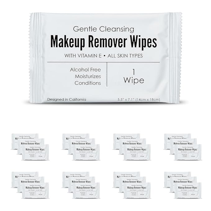 World Amenities - Bulk Makeup Remover Wipes | 50 Count | Individually Wrapped, Gentle Cleansing, Alcohol Free - All Skin Types - Vitamin E - 100% Recyclable, Hotel Travel Size Toiletries